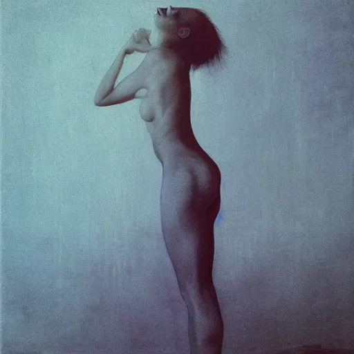 Image similar to a clothed woman posing, wearing clothes,feeling of surrender, by Zdzislaw Beksinski and Marat Safin