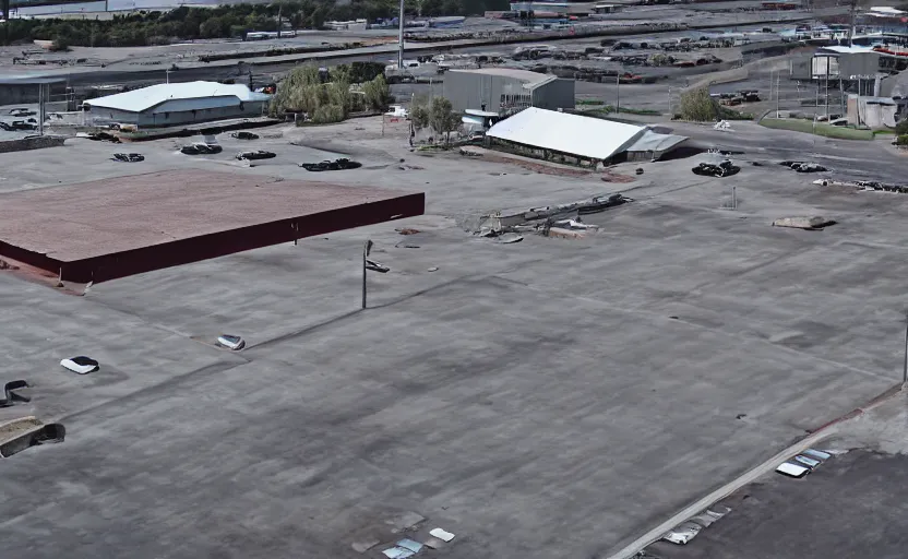 Image similar to industrial grey metal warehouse complex, large empty parking lot in front of it, in the center of the warehouse is a fast food restaurant with neon signs, sea in the background