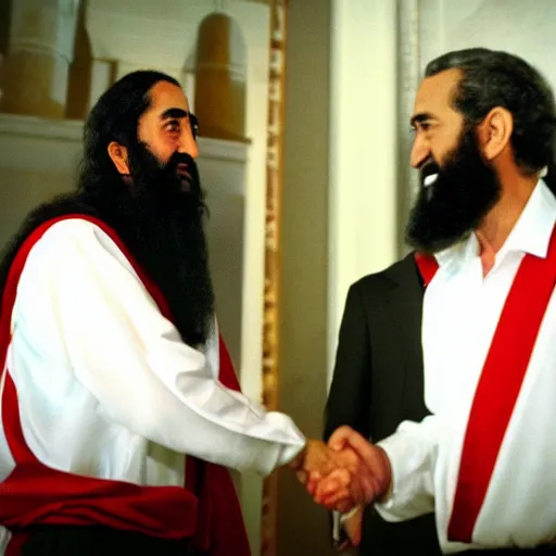 Image similar to george w bush shaking hands with osama bin laden, 8k cinematic lighting, very sharp detail, anatomically correct