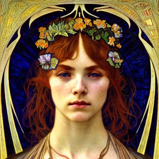 Image similar to detailed realistic beautiful young medieval queen face portrait by jean delville, alphonse mucha, vincent van gogh, and marco mazzoni, art nouveau, symbolist, visionary, gothic, pre - raphaelite