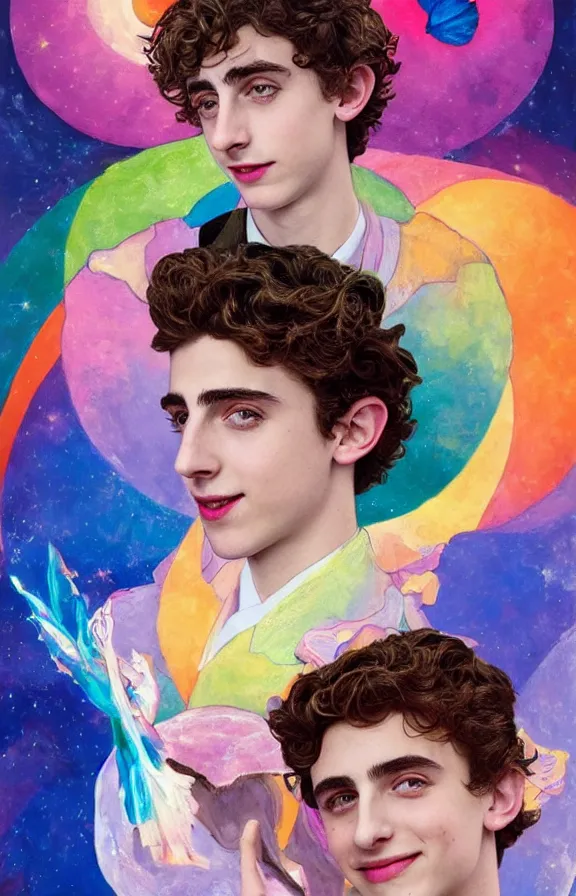 Prompt: ethereal Timothee Chalamet+stars+moon+semi-realism painting: psychedelic+j.c. leyendecker+colorful+jack in the box+smiling+🦋🥳🌈+crystal ball