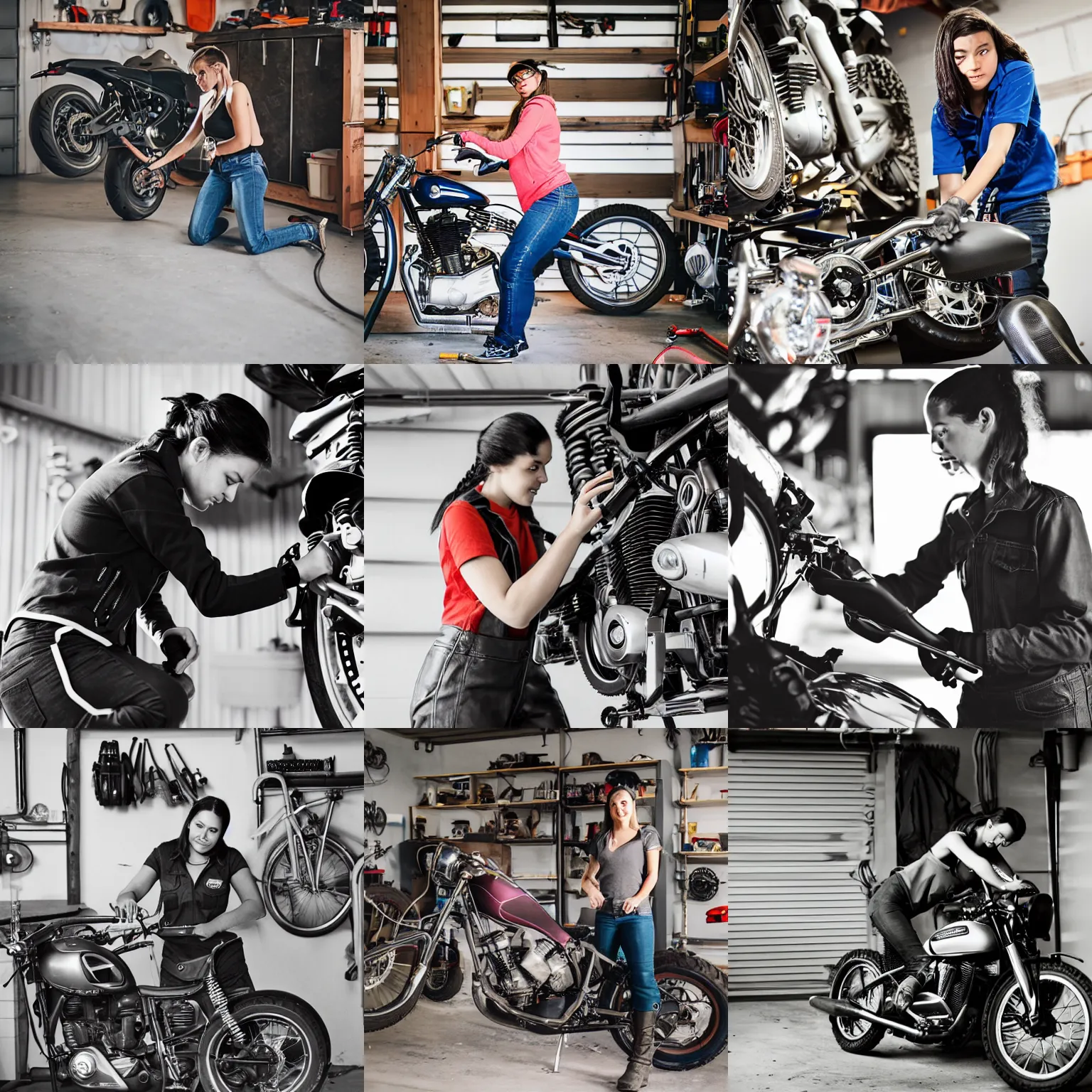 Prompt: photograph of a young female motorcycle mechanic working in garage