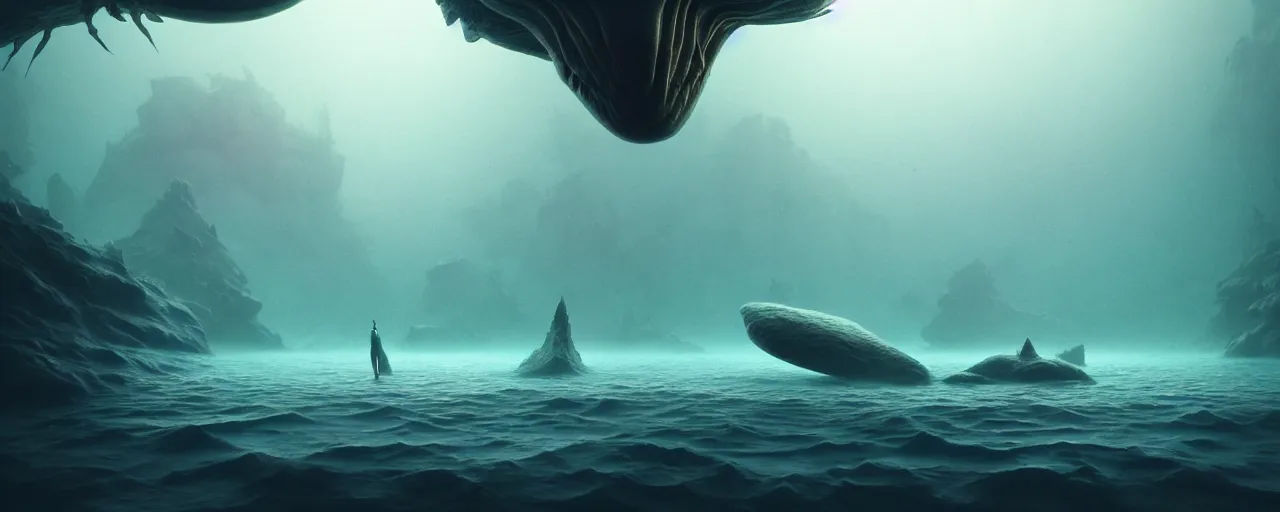 Image similar to ultra realistic muted colors horror photo of a dimly lit alien underwater landscape, very intricate details, focus, full frame image, high contrast, cgi render, artwork by tooth wu and wlop and beeple and greg rutkowski, award winning