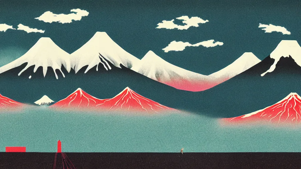 Image similar to japan tateyama mountain range toyama, a collage painting, in the style of wes anderson, lola dupre, david hockney, isolated on negative space background dark monochrome neon spraypaint accents volumetric octane render