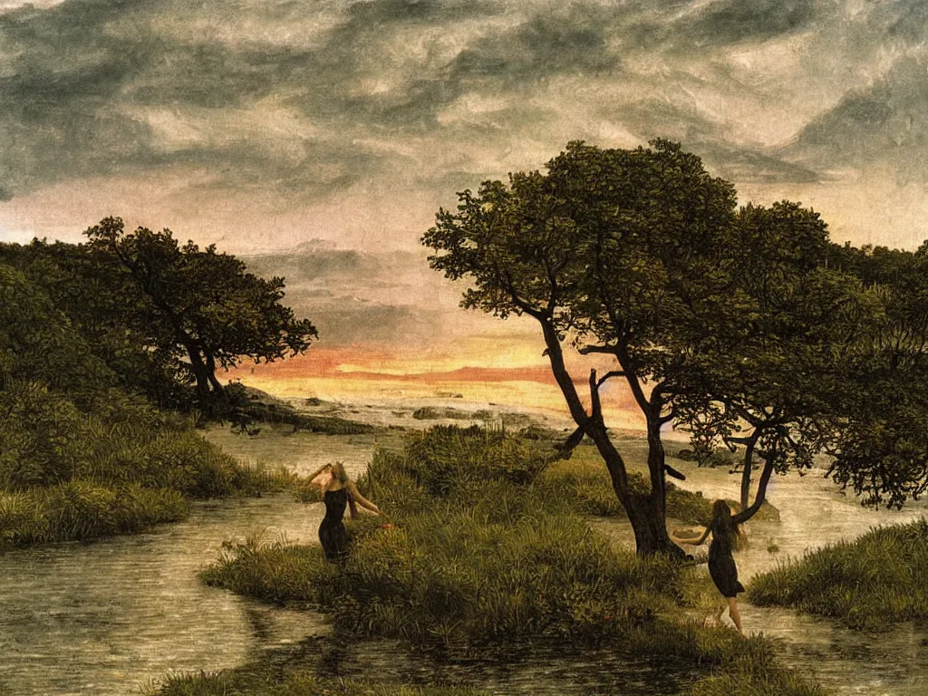 Prompt: Young woman swimming in a turbulent river at sunset. Acacia trees in the wind, blinding lightning strikes. Icy mountains afar. Painting by Lucas Cranach, Caspar David Friedrich