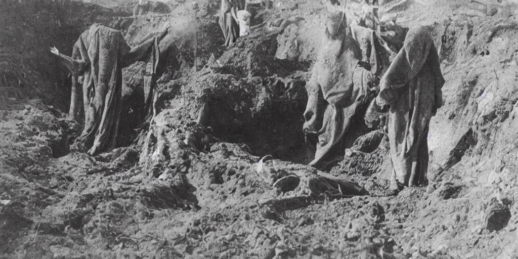 Prompt: scary unproportionable tall ghost creature in the middle of a trench, 1900s picture