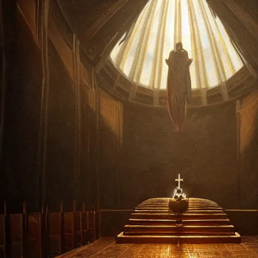 Prompt: a portrait of a xenomorph radiating holy light in the church,in the style of greg rutkowski,epic lighting,Postmodernism style,Masterpieces,oil on canvas