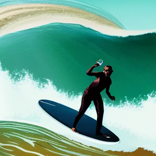 Prompt: obama surfing a massive wave with a margarita in his hand, high detail graphic art