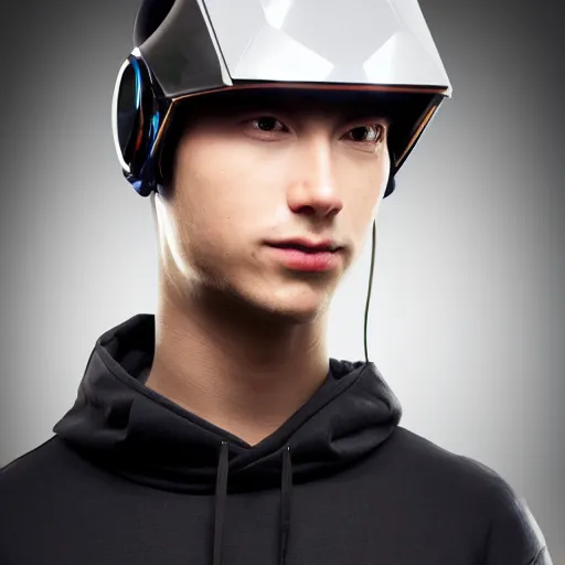 Image similar to portrait of a human wearing a futuristic helmet, cyberpunk aesthetic, aesthetic hoodie and nikana on the back 8 k uhd