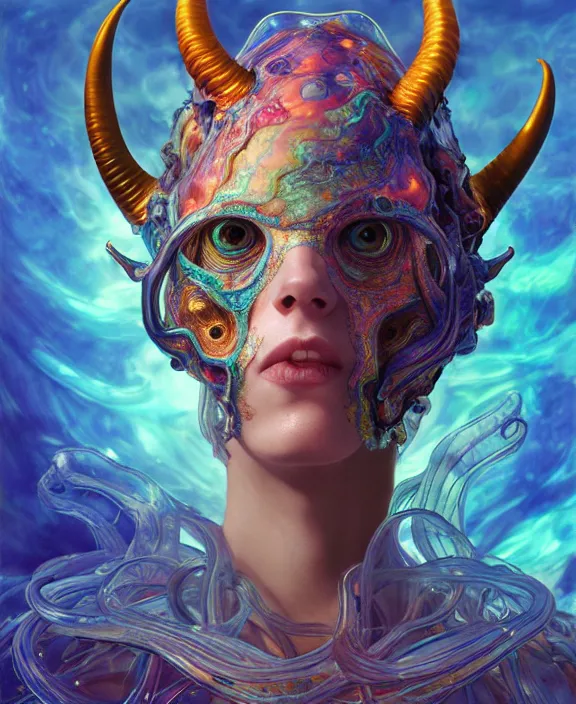 Image similar to intricate colorful transparent portrait of a terrifying beautiful alien sea creature, horns, shells, mottled coloring, adorable, childlike, anxiety environment, ultra realistic, concept art, art nouveau, photorealistic, octane render, 8 k, unreal engine. art by christopher marley and artgerm and greg rutkowski and alphonse mucha