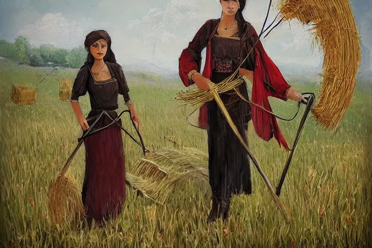 Prompt: concept art romanian woman with scythe, mowing of the hay, drmatic ligthing, traditional romanian clothes, artdtation beautiful