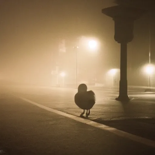 Prompt: a lonely duck under a street light, fog, still from a movie by bong joon - ho