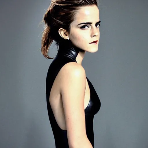 Image similar to Emma Watson in a black leather suit