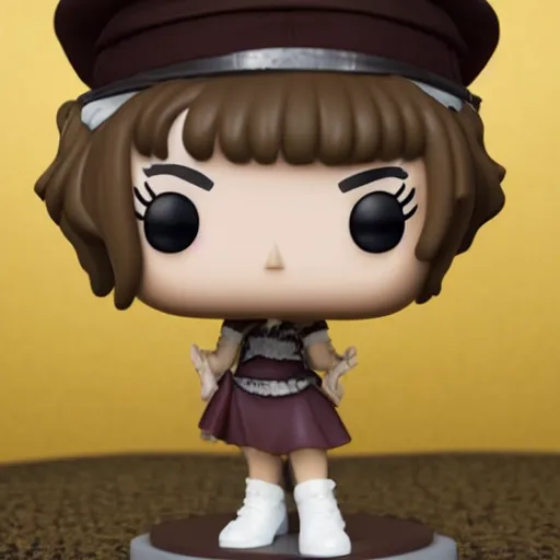 Image similar to Elmiira; funko pop of girl with short brown hairm, wearing a beret; white shirt; funko pop