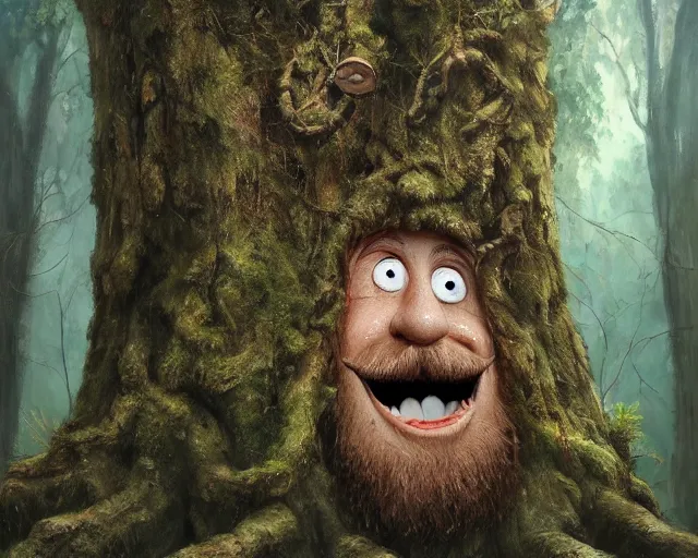 Image similar to a talking tree, a smiling face in the bark, bushy moustache, big eyes, nose, fantasy concept art, oil painting, hyperrealistic, highly detailed, artstation, cgsociety, in the forest