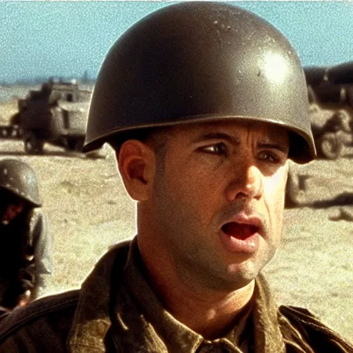 Prompt: movie still from saving private ryan with giant heads