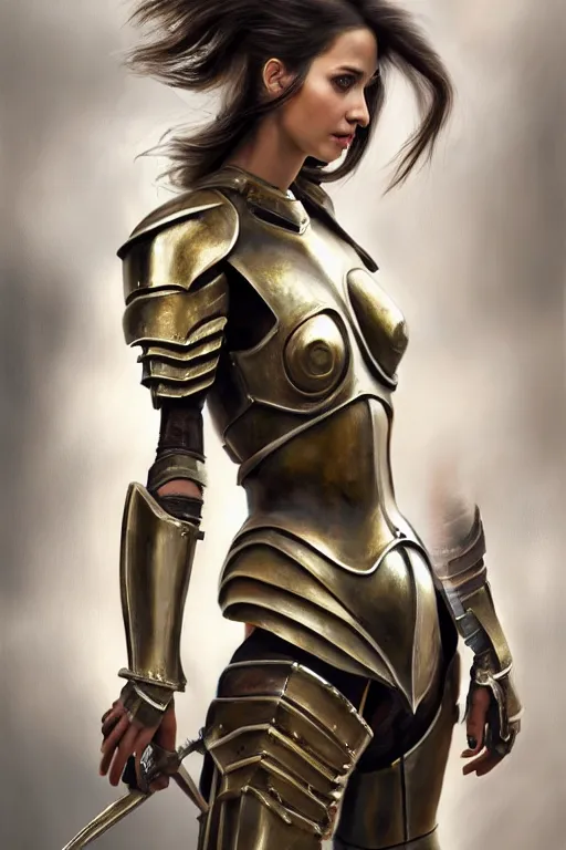 Prompt: a photorealistically painted portrait of an attractive young female, partially clothed in metal-plated battle armor, abstract background, flawless olive skin, fair complexion, long dark hair, beautiful bone structure, perfectly symmetric facial features, perfect photorealistic eyes, natural physique, intricate, elegant, digital painting, concept art, finely detailed, beautifully illustrated, sharp focus, minimal artifacts, from Metal Gear, by Ruan Jia and Mandy Jurgens and Artgerm and William-Adolphe Bouguerea, in the style of Greg Rutkowski, trending on Artstation, award winning art
