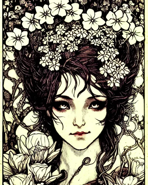 Image similar to burlesque elf, flowers in hair, fantasy character portrait, ultra realistic, concept art, intricate details, art nouveau, japanese woodblock, cinematic, highly detailed by arthur rackham