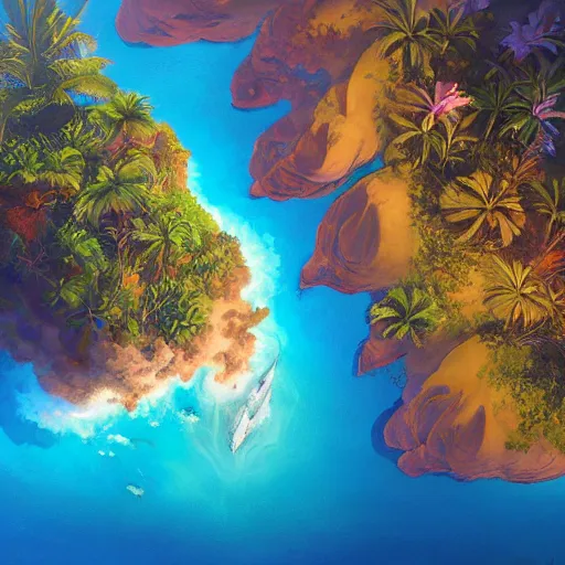 Image similar to a painting a breathtaking aerial view of Hawaiian islands with Pirates, surrounded by palm trees, clouds, flowers, volcano, azure ocean, sunlight glistening, glow, , a detailed matte painting by sylvain sarrailh, Stephan Martinière, by RHADS, Makoto Shinkai, bokeh, Artstation contest winner, fantasy art, concept art, #vfxfriday