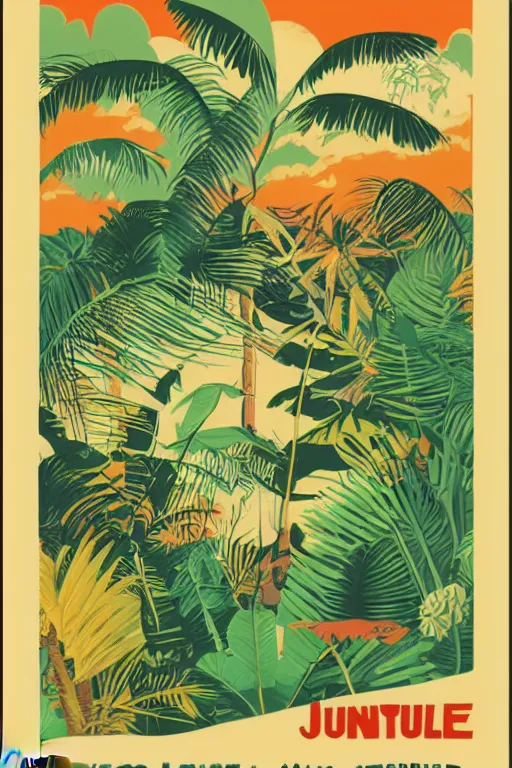 Image similar to vintage poster, jungle travel adventure, illustration, vector art, retro