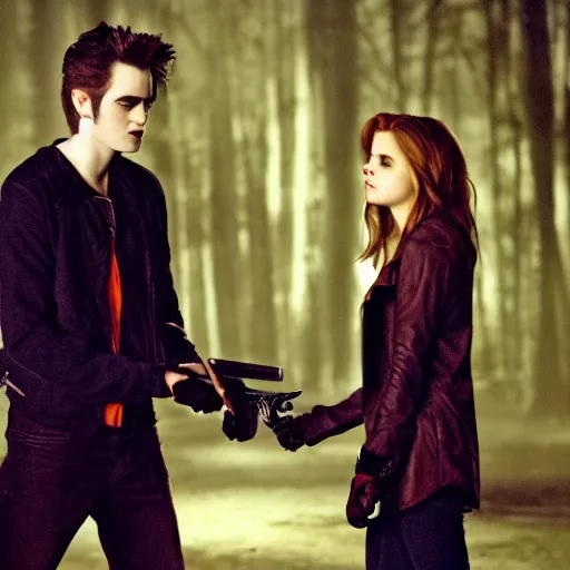 Image similar to buffy the vampire slayer fights twilight's edward cullen to the death, dramatic high - contrast film still, blue and orange rim lighting, iconic,