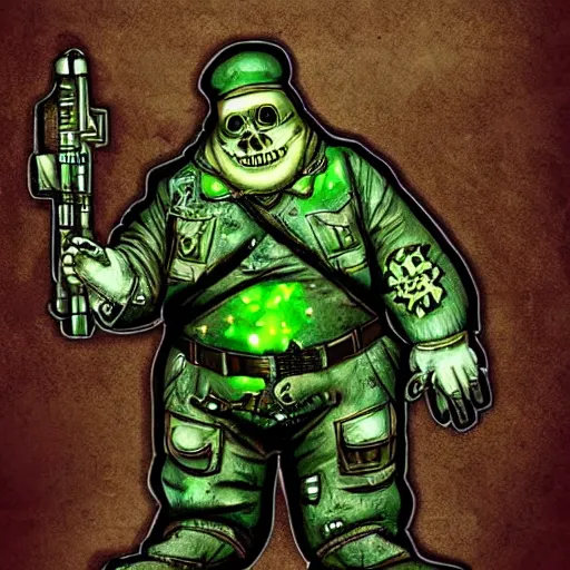 Prompt: highly detailed steampunk morbid obese undead soldier with heavy machine guns, intricate, rusty, green radioactive glow, toxic waste, digital art