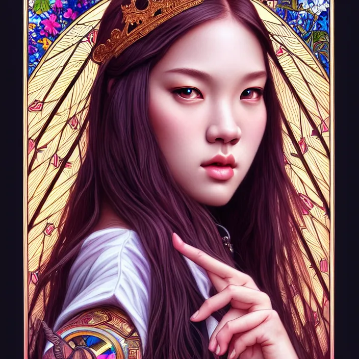 Prompt: jossi of blackpink, king, tarot card, highly detailed, digital painting, smooth, sharp focus, illustration, ultra realistic, 8 k, art by artgerm and alphonse mucha