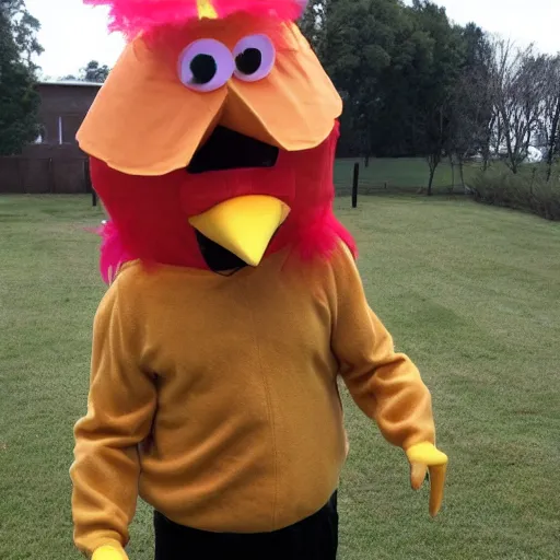 Image similar to a middle aged man in a poorly done chicken costume