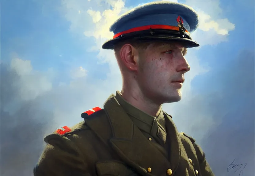 Prompt: portrait of a british army officer, first world war, blue sky, 2 0 th century, sunny, detailed, volumetric, cinematic lighting, realistic, digital art by greg rutkowski