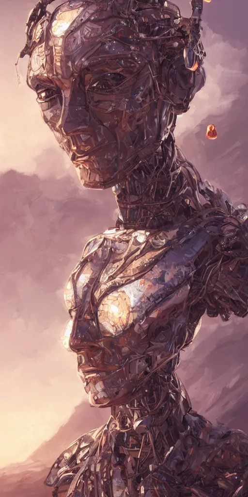 Prompt: close portrait of lonely androgen robot, fry marshmallows on a twig the backdrop of desert at the night for stories, highly detailed, highly intricate, digital art, fantasy, by artgerm