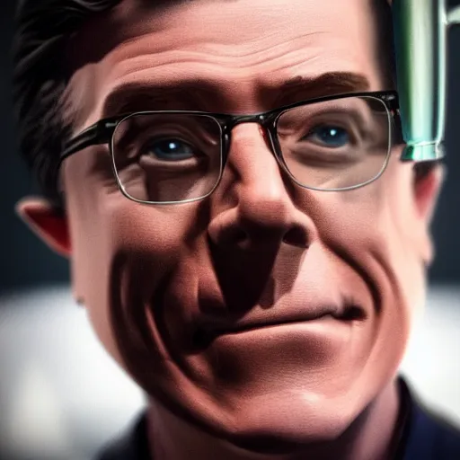 Image similar to stephen colbert face in irish beer mug, 8 k, ultra realistic details