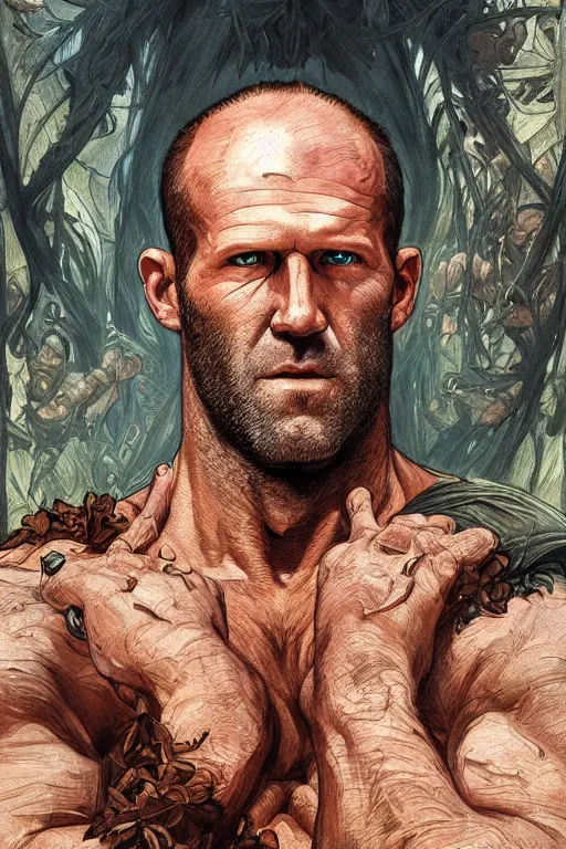 Prompt: portrait of jason statham as a hulking herculean demon, forest, godlike, full body, fantasy, intricate, elegant, highly detailed, digital painting, artstation, concept art, sharp focus, illustration, art by artgerm and greg rutkowski and alphonse mucha