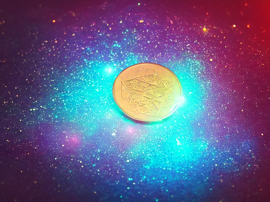 Prompt: glowing coin, dispersion, bokeh, digital art, ultra-detailed, cyberpunk colors