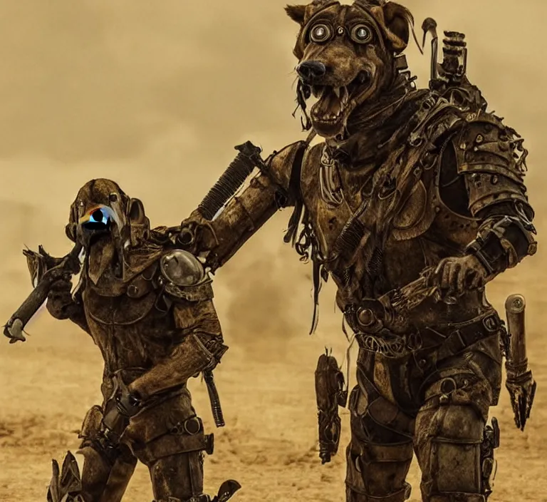 Image similar to a good ol'hound dog fursona ( from the furry fandom ), heavily armed and armored facing down armageddon in a dark and gritty version from the makers of mad max : fury road. witness me.