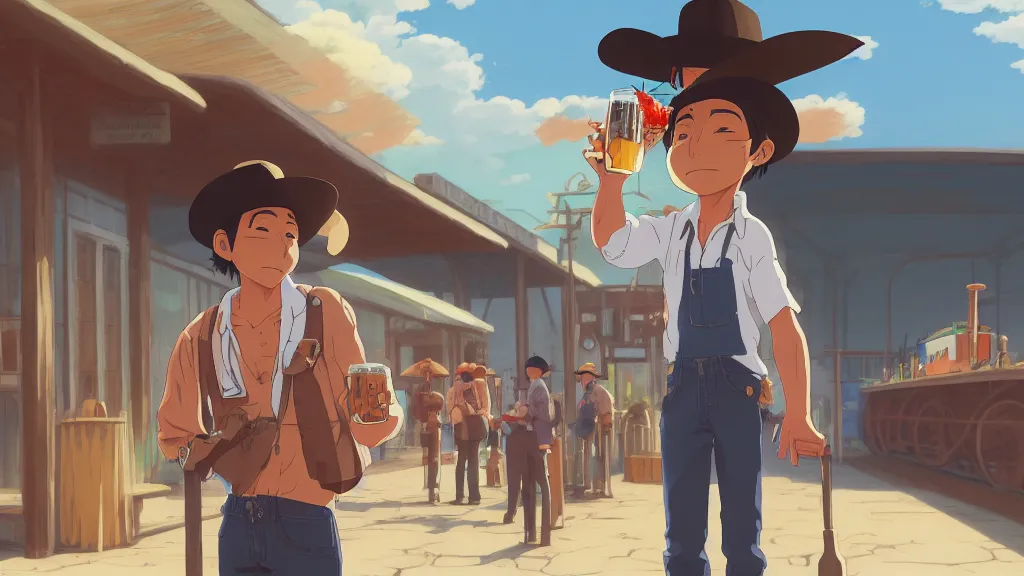 Image similar to anime illustration of illustration of a mexican man,, with one small, dirt, wild west, with hat, drinking a beer at train station, by makoto shinkai, ilya kuvshinov, lois van baarle, rossdraws, basquiat, studio ghibli, global illumination ray tracing hdr