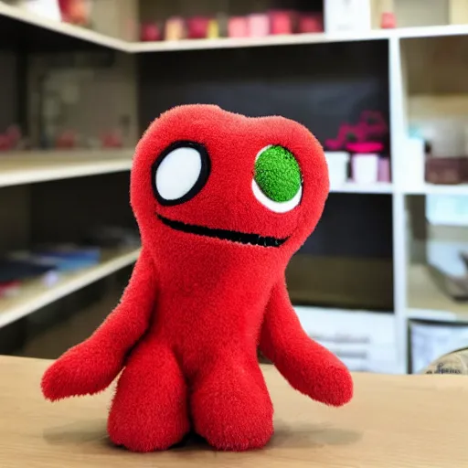 Image similar to adorable strawberry creature with multiple eyes plush toy