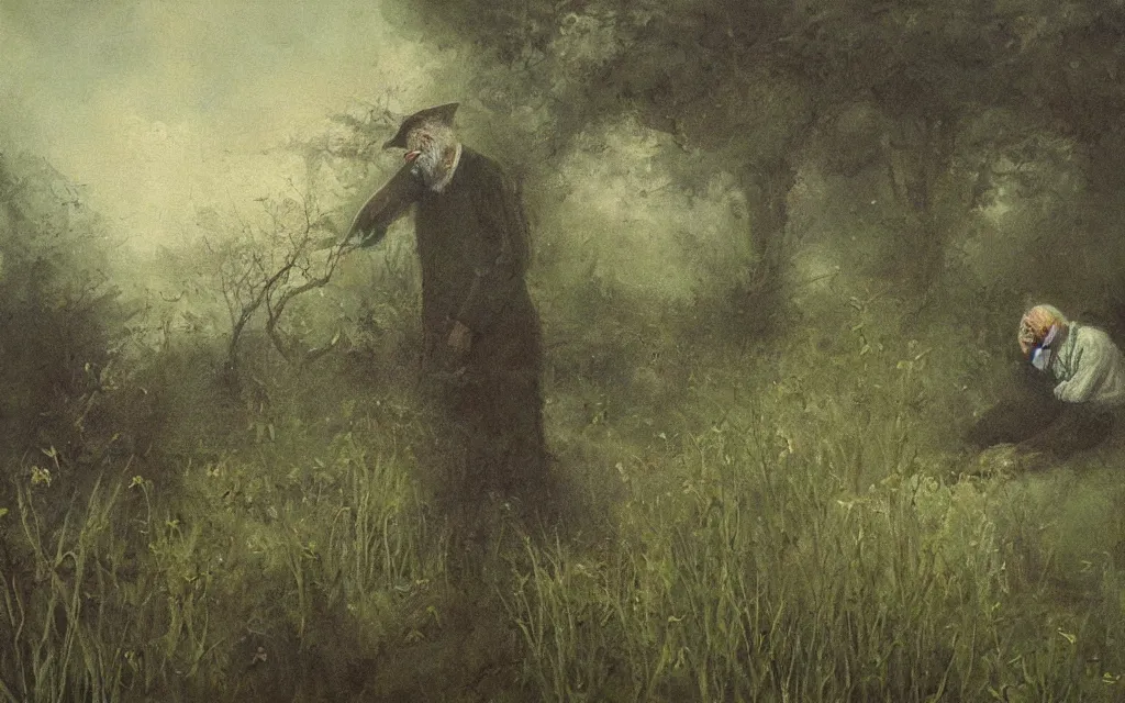 Image similar to the sleeping old man submerged in shadow and mist overgrown garden (melancholy), exquisite painting, moody sharp colors