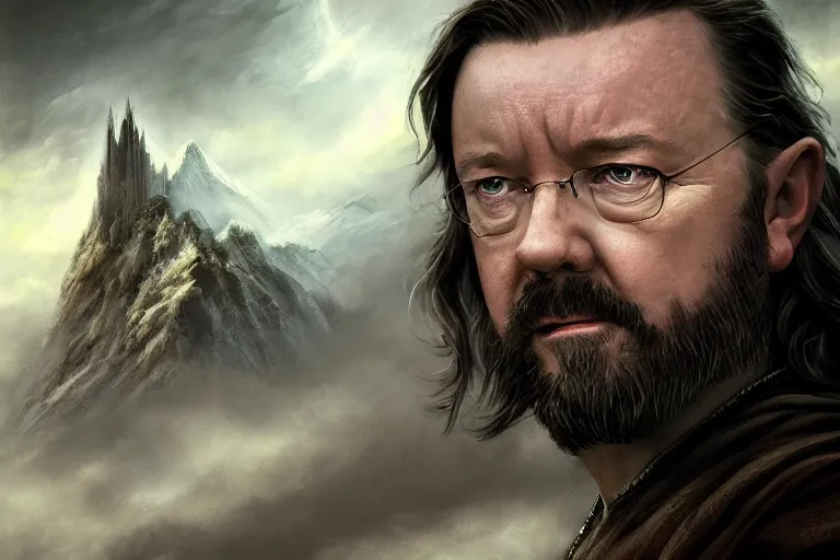 Image similar to closeup portrait of a ricky gervais as an elder wizard, lord of the rings, dramatic light, gorgeous view, depth, high detail, digital art, painted by greg rutkowski and seb mckinnon, by marguerite anderson, trending on artstation