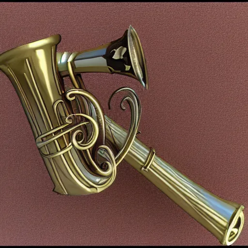 Image similar to a 3 d render of a medieval blowing horn, winding horn, animal horn, higly detailed, mystic, artwork