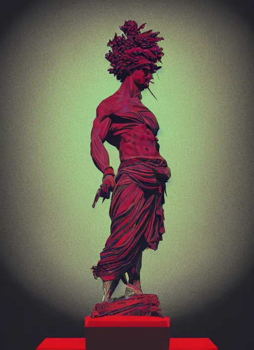 Prompt: black background with very subtle red and purple design elements, statue of david, powerful, nekro, graphic design, collage art, thin lines, dark, glitch art, neo vaporwave, gritty, layout frame, black frame, square, trending on artstation