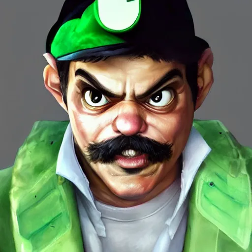 Prompt: hyper realistic, realistic - anime, portrait, beautifully rendered, luis guzman as luigi wearing green, smirking deviously, nintendo's luigi, painted by greg rutkowski, wlop, artgerm, dishonored 2,