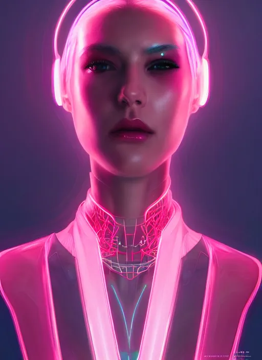 Image similar to portrait of female cyberpunk humanoid, transparent acrylic fashion wear, intricate, elegant, cyber neon lights, highly detailed, digital photography, artstation, glamor pose, concept art, smooth, sharp focus, art by artgerm and greg rutkowski