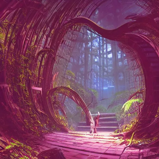 Image similar to stairs leading to a derelict portal in a middle of a lush futuristic forest, alien world seen through a portal, person in a cloak standing in front of a portal, daylight, cinematic lighting, syd mead, john harris