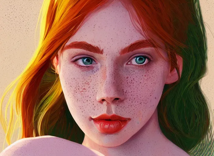 Image similar to portrait of a beautiful smiling girl with orange hair and freckles, green eyes, intricate, elegant. highly detailed, digital painting, artstation, concept art, smooth, sharp, focus, illustration. background is purple, art by Ilya Kuvshinov