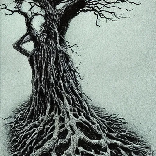 Prompt: grunge drawing of a tree by - Zdzisław Beksiński , corpse bride style, horror themed, detailed, elegant, intricate