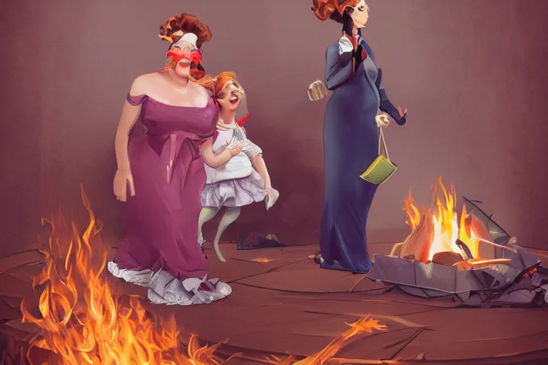 Prompt: a crazy housewife opera singer hurries up to pack daughter's things, surrounded with fire, clothes are flying around, digital art, trending on artstation