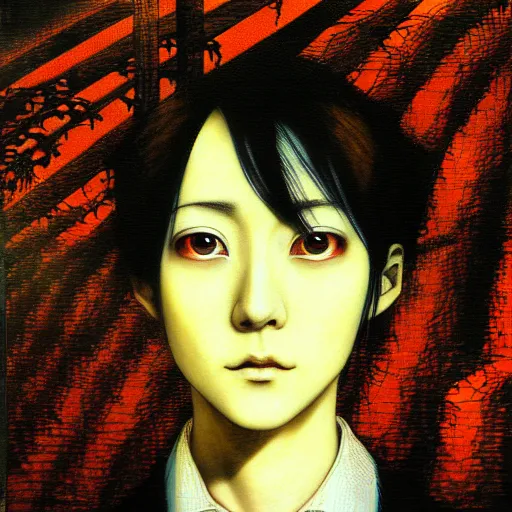 Image similar to yoshitaka amano blurred and dreamy realistic three quarter angle horror portrait of a sinister young woman with short hair and yellow eyes wearing office suit with tie, junji ito abstract patterns in the background, satoshi kon anime, noisy film grain effect, highly detailed, renaissance oil painting, weird portrait angle, blurred lost edges