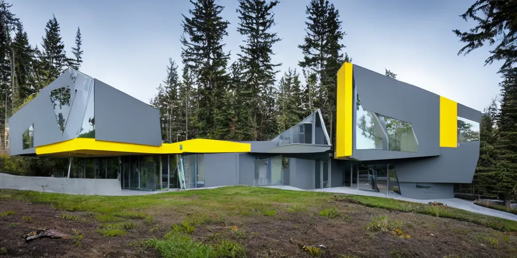 Prompt: large futuristic residence, yellow and blue metal, gray concrete, many large green windows, pacific northwest, triangular and rectangular elements