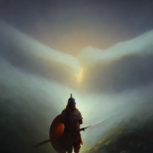 Image similar to a human with ancient sword who can kill gods is going to kill the viking god on a blizzard hills made by ivan aivazovsky, peter mohrbacher, greg rutkowski volumetric light effect broad light oil painting painting fantasy art style sci - fi art style realism premium prints available artwork unreal engine