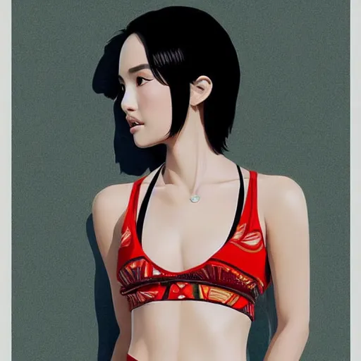 Image similar to a beautiful young japanese natalie portman alluring gravure model, wearing elegant designer tank top, elegant tank top with mesoamerican patterns, by akira toriyama and wlop and ilya kuvshinov and artgerm and, aesthetic, gorgeous, stunning, alluring, attractive, artstation, deviantart, pinterest, digital art